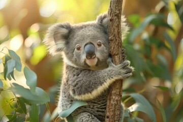 Fototapeta premium Baby Koala: A cute baby koala, clinging to a eucalyptus tree branch, with soft, fluffy gray fur. 