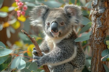 Obraz premium Baby Koala: A cute baby koala, clinging to a eucalyptus tree branch, with soft, fluffy gray fur. 