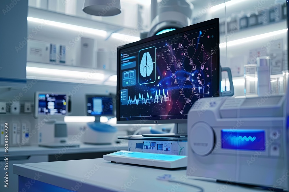 Poster modern, professional medical lab with advanced equipment. high-tech scanner displays patient data on