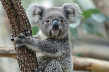 Obraz premium Baby Koala: A cute baby koala, clinging to a eucalyptus tree branch, with soft, fluffy gray fur. 