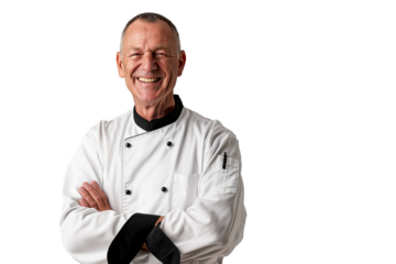 Elderly Male Chef with Balding Hair in White Chef Coat Smiling Broadly