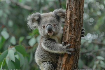 Baby Koala: A cute baby koala, clinging to a eucalyptus tree branch, with soft, fluffy gray fur. 