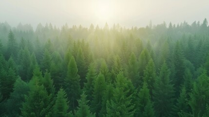 Fototapeta premium Misty sunrise over dense evergreen forest capturing tranquil natural beauty