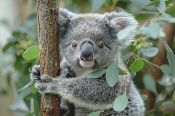 Obraz premium Baby Koala: A cute baby koala, clinging to a eucalyptus tree branch, with soft, fluffy gray fur. 