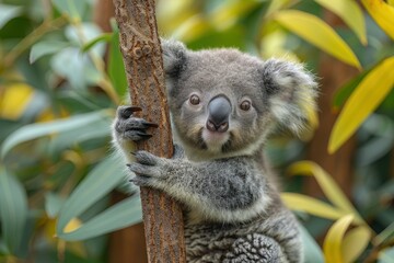 Fototapeta premium Baby Koala: A cute baby koala, clinging to a eucalyptus tree branch, with soft, fluffy gray fur. 