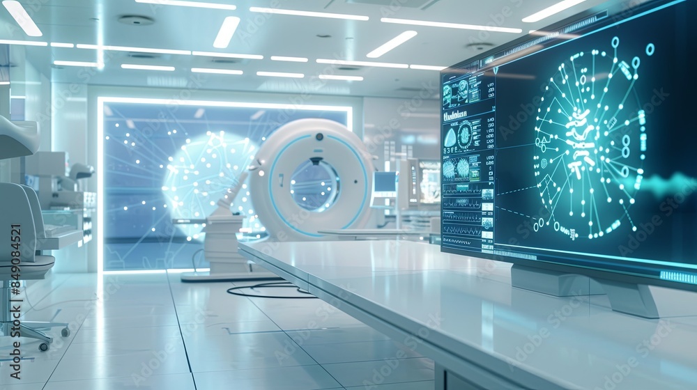 Leinwandbilder a sterile and modern medical laboratory featuring a high-tech scanner displaying patient data on a l