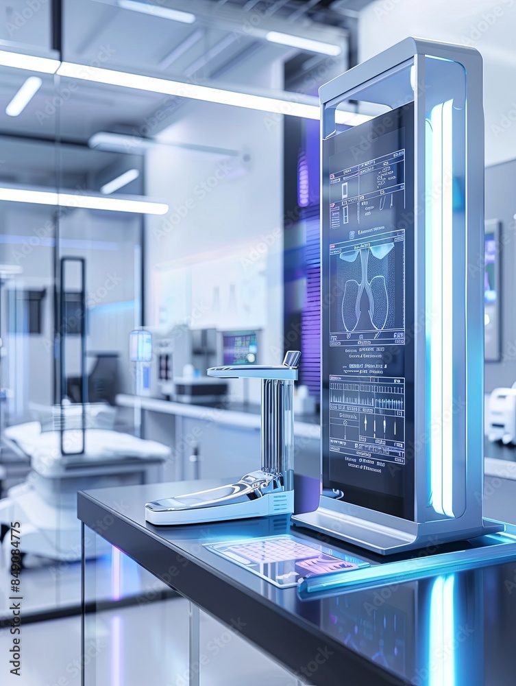 Fototapete A clean, professional medical laboratory featuring an AI-powered diagnostic scanner displaying patient data on a large screen. Generative AI