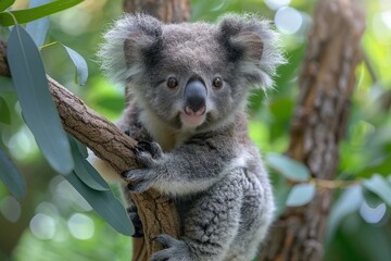 Obraz premium Baby Koala: A cute baby koala, clinging to a eucalyptus tree branch, with soft, fluffy gray fur. 