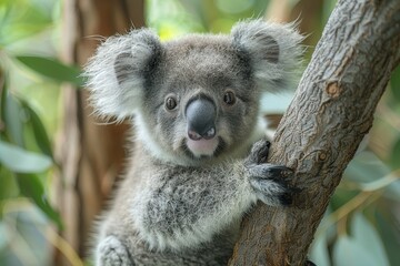 Baby Koala: A cute baby koala, clinging to a eucalyptus tree branch, with soft, fluffy gray fur. 