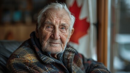 A portrait of a wise elderly man with a thoughtful expression seated indoors with a Canadian flag in the background
