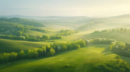 Obraz premium Green rolling hills landscape in early morning light