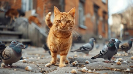 Obraz premium A group of homeless cats on the city street hunts pigeons. A red cat looks smart.