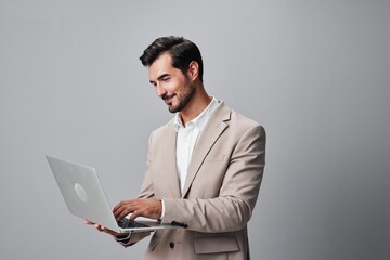 man internet smiling laptop job shirt freelancer copyspace business computer suit