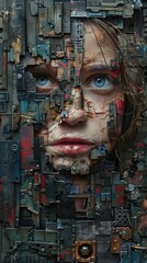 Futuristic Portrait of Woman, Cyberpunk Art Collage, Mixed Media
