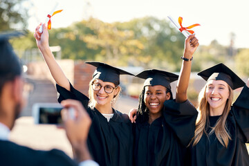 People, photo and graduation outside for celebration, students and smartphone or memory picture...