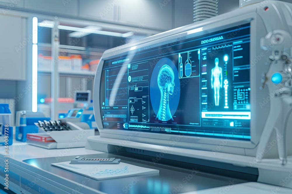 Aufkleber A high-tech scanner displays patient data on a large screen in a clean and professional medical laboratory. Generative AI