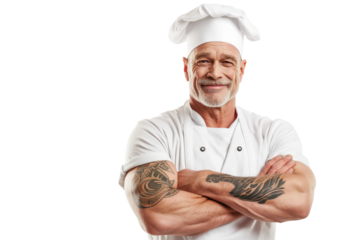 Middle-Aged Male Chef with Tattoos and Chef Hat Smiling Confidently