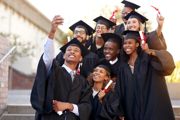 People, selfie and graduation or happy outside, memory and picture for graduate pride or diploma....