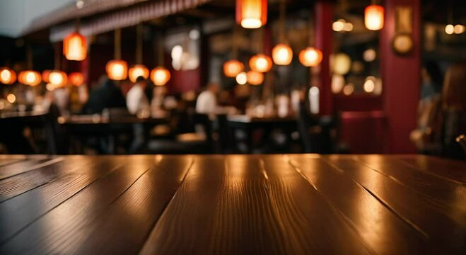 Dark wooden table top with blurred restaurant background chinese new year theme
