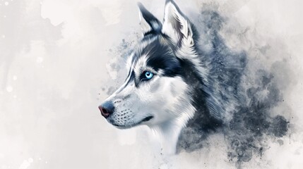 Siberian Husky in a watercolor painting, showcasing its striking blue eyes and fluffy coat 