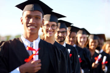 Happy woman, students and graduation class with group at ceremony for education, qualification or future. Portrait of person or scholar with smile for diploma, certificate or degree on campus