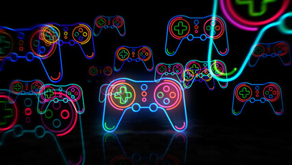 Gaming game pad neon light 3d illustration