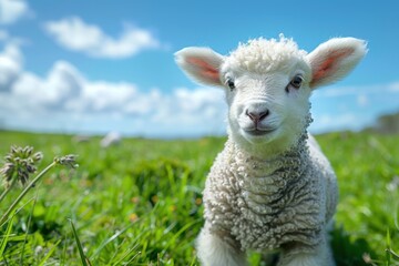 Obraz premium Baby Lamb: A fluffy white lamb, frolicking in a green pasture under a bright blue sky. 