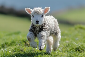 Obraz premium Baby Lamb: A fluffy white lamb, frolicking in a green pasture under a bright blue sky. 