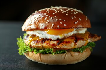 Chicken burger with a sunny-side-up egg, fresh lettuce, and tomato on a seeded bun