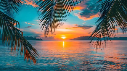 Fototapeta premium A beautiful sunset over the ocean with palm leaves in the foreground, creating an exotic and romantic atmosphere.