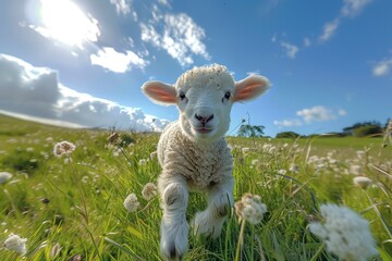 Baby Lamb: A fluffy white lamb, frolicking in a green pasture under a bright blue sky. 