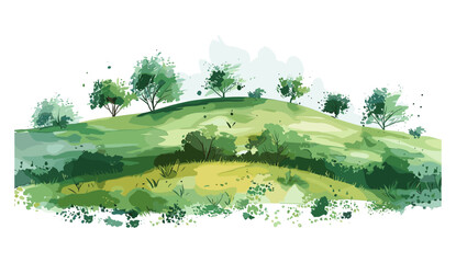 Vector illustration design of a meadow with green grass and small hills, watercolor field, landscape painting, nature illustration,