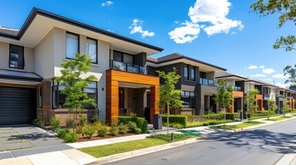 A row of modern residential town homes or townhouses in Melbourne's suburb, VIC Australia. Concept of real estate development