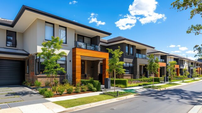 A row of modern residential town homes or townhouses in Melbourne's suburb, VIC Australia. Concept of real estate development