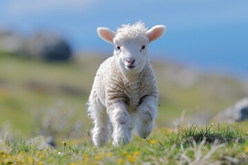 Fototapeta premium Baby Lamb: A fluffy white lamb, frolicking in a green pasture under a bright blue sky. 