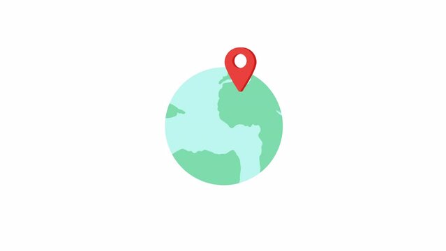 Earth globe with map pin 2D object animation. Marking country on world map for travelling flat cartoon 4K video, transparent alpha channel. Journey abroad animated element on white background
