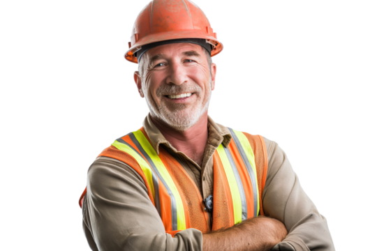 Smiling Senior Construction Worker in Orange Hard Hat and Safety Vest on White Background