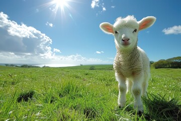 Fototapeta premium Baby Lamb: A fluffy white lamb, frolicking in a green pasture under a bright blue sky. 