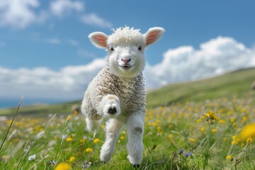 Obraz premium Baby Lamb: A fluffy white lamb, frolicking in a green pasture under a bright blue sky. 