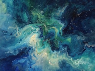 Abstract acrylic painting featuring swirling, soothing blues and greens