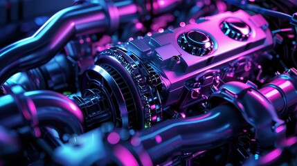 Fototapeta premium Close-up of a futuristic engine with glowing neon pink and blue lights, showcasing intricate mechanical parts.