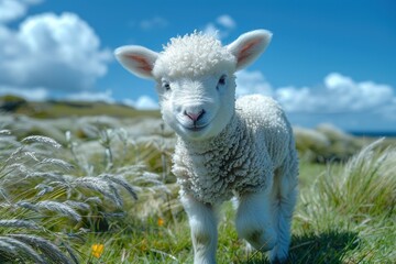 Obraz premium Baby Lamb: A fluffy white lamb, frolicking in a green pasture under a bright blue sky. 