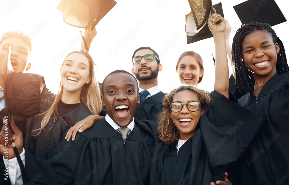 Sticker Students, happy and graduation people outside, excited and university farewell for education or knowledge scholarship. Celebration ceremony, achievement and friends, academic and smile for milestone