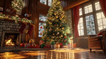 Fototapeta premium A Christmas tree decorated with lights and ornaments stands in front of a church