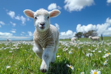 Obraz premium Baby Lamb: A fluffy white lamb, frolicking in a green pasture under a bright blue sky. 