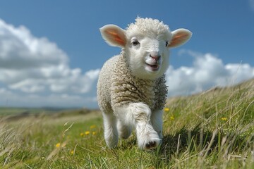 Fototapeta premium Baby Lamb: A fluffy white lamb, frolicking in a green pasture under a bright blue sky. 