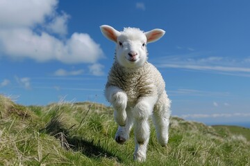 Baby Lamb: A fluffy white lamb, frolicking in a green pasture under a bright blue sky. 