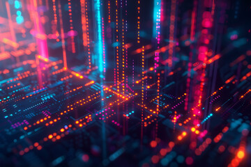 Fototapeta premium different cryptocurrency coins against a tech binary abstract background, combining digital currency symbols with streams of binary code, showcasing the intersection of technology and finance