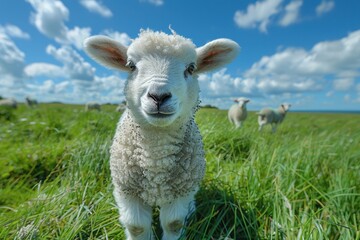 Baby Lamb: A fluffy white lamb, frolicking in a green pasture under a bright blue sky. 