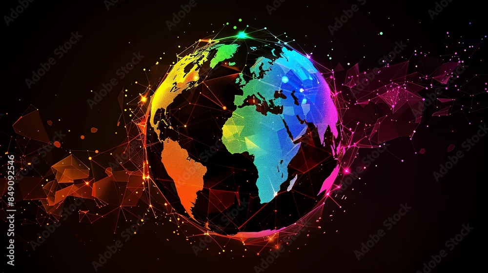 Poster a digital rendering of earth with a rainbow color scheme and glowing lines connecting different poin
